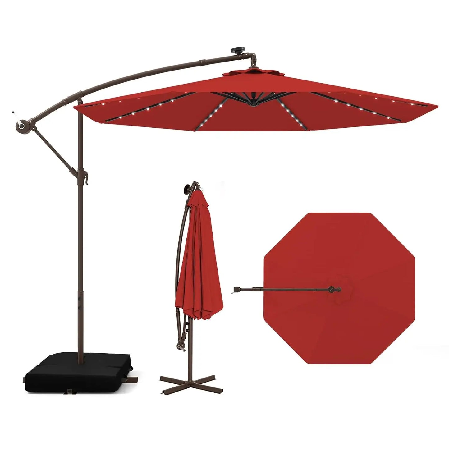 Offset Cantilever Patio Umbrella With Base And Solar LED Lights