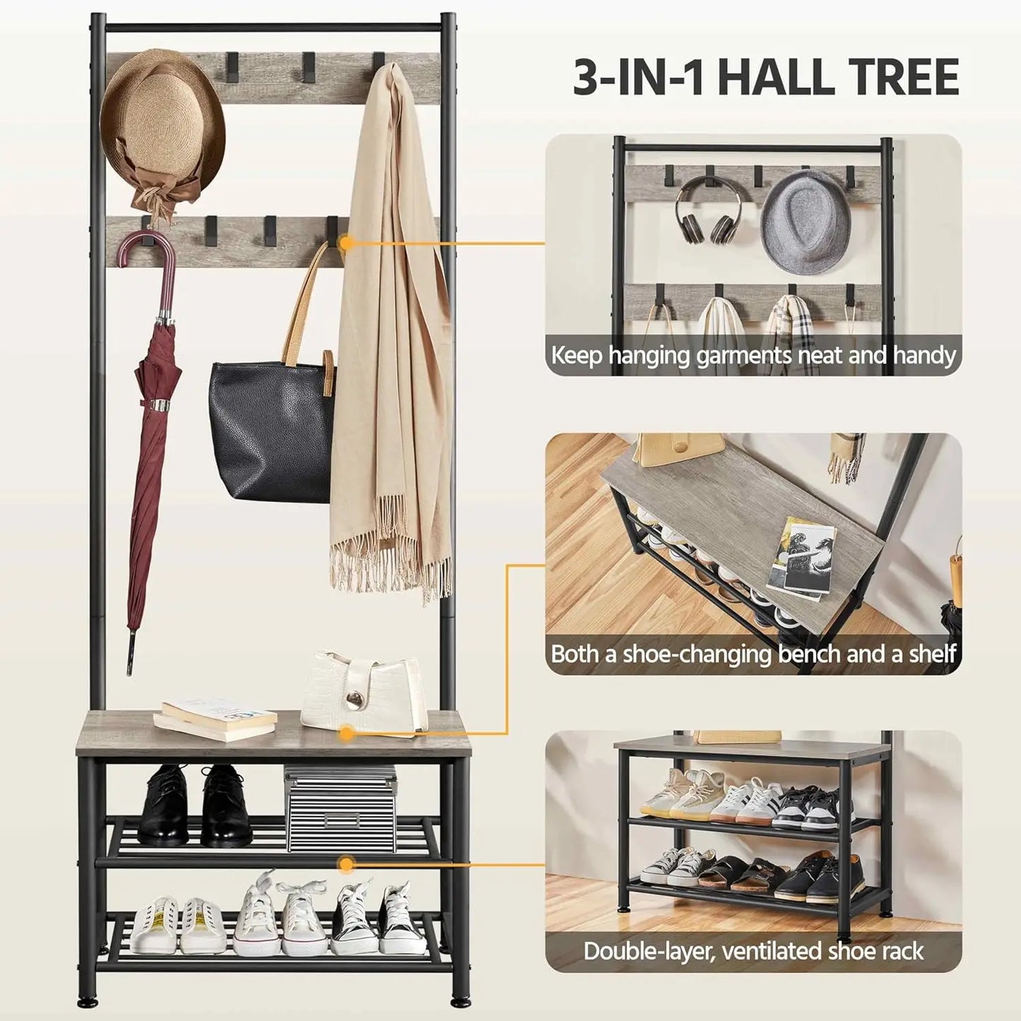 XMSJ Hall Tree Coat Rack With Shoe Bench And Hooks