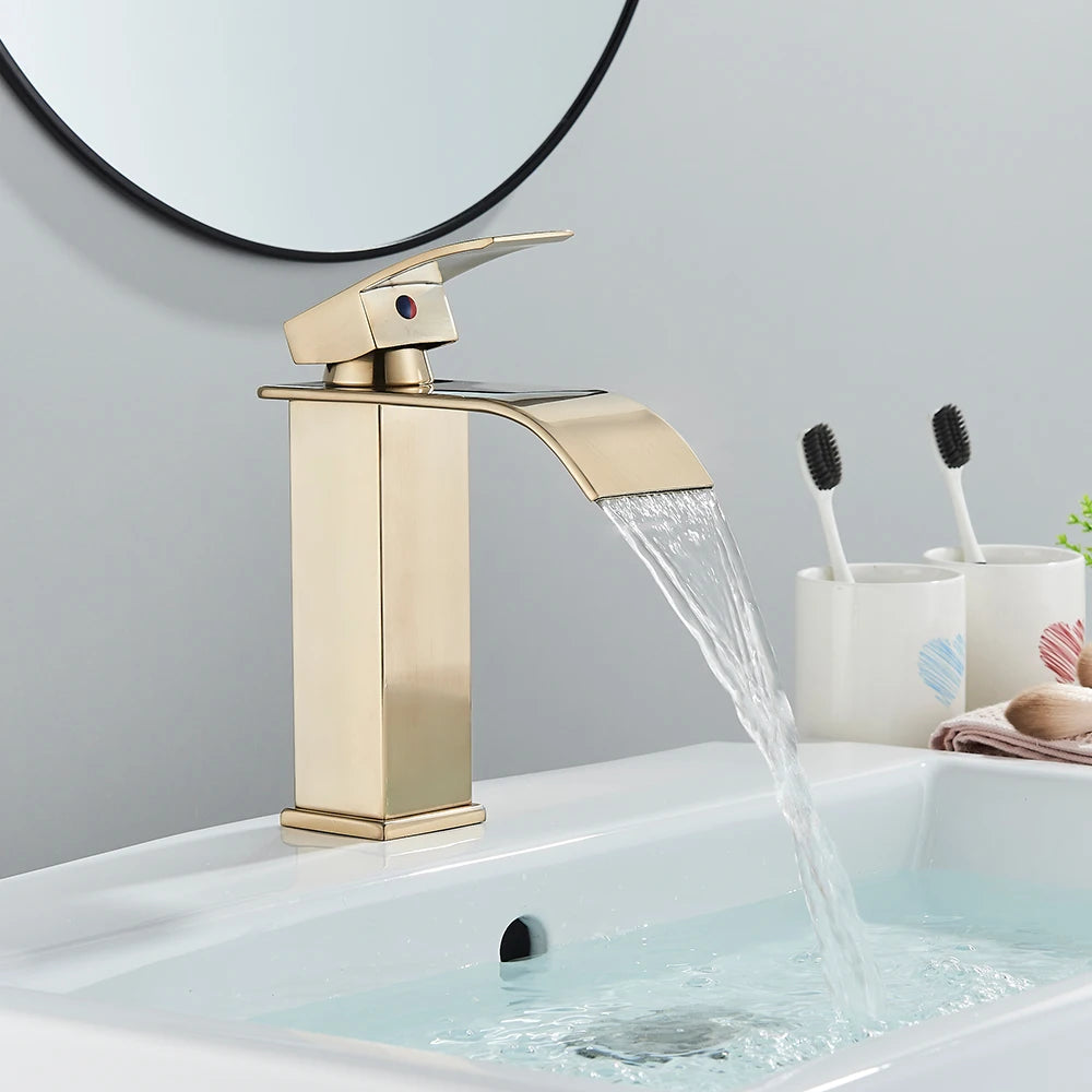 Onyzpily Deck Mounted Waterfall Basin Faucet Single Lever Hot Cold