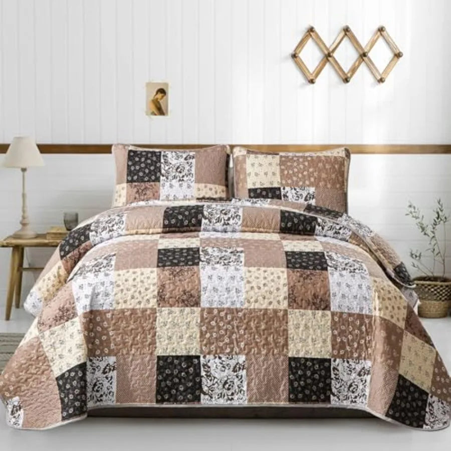 Boho Quilt Set Patchwork Reversible Microfiber Bedding