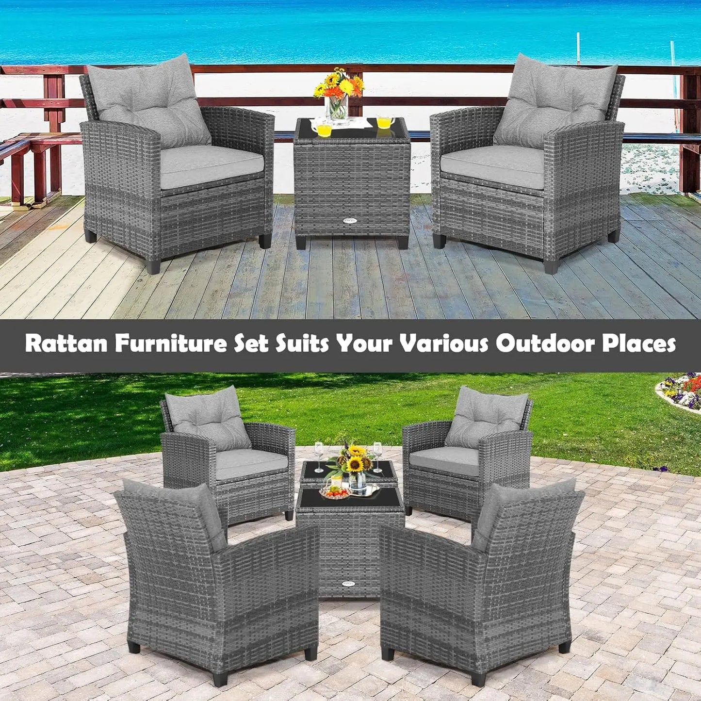 Outdoor PE Rattan Conversation Set With Tempered Glass Side Table
