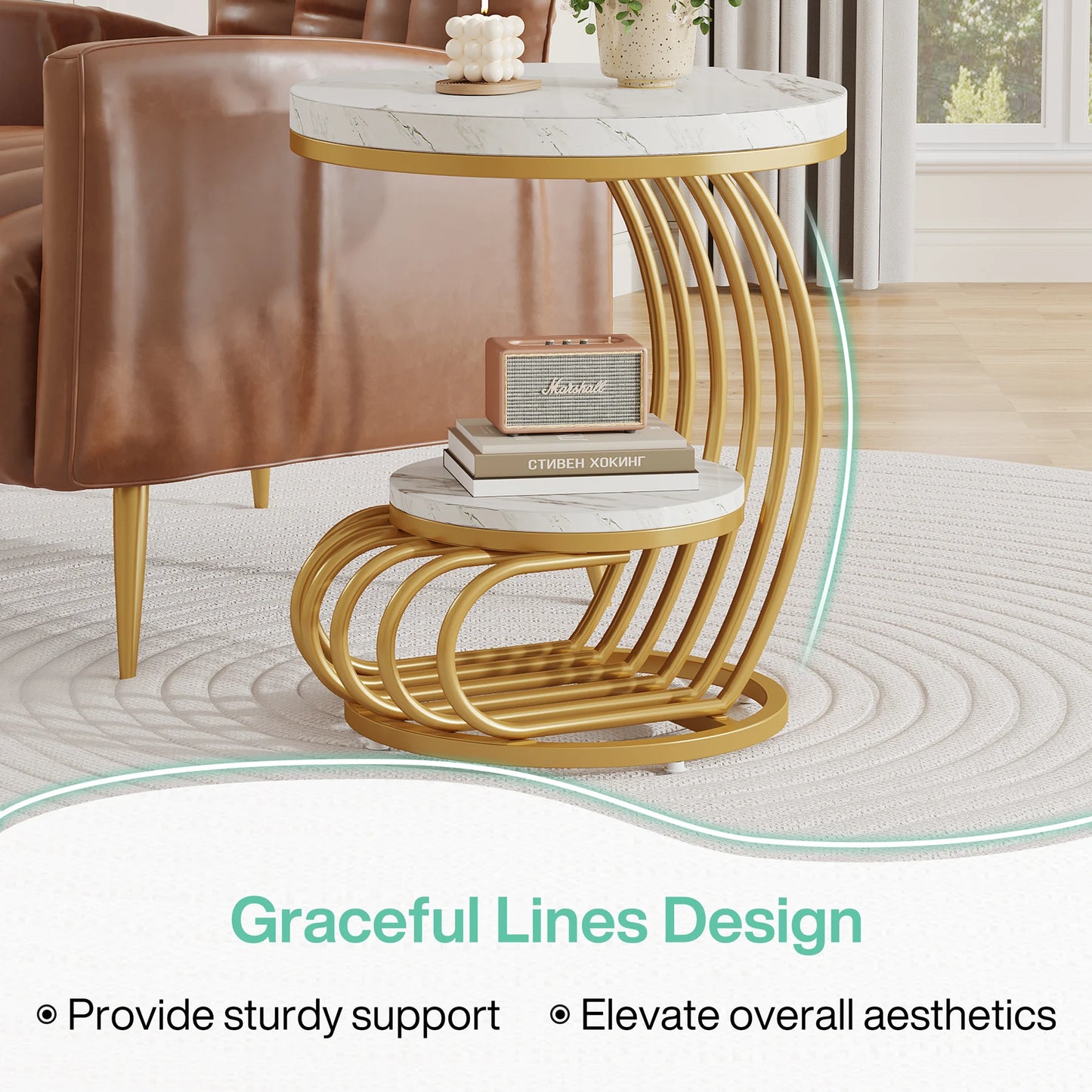Tribesigns Round End Table With Storage Shelf Two Tier