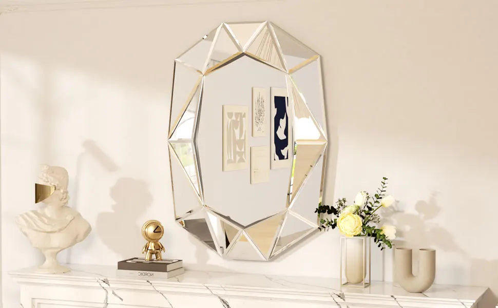 Wisfor Irregular Silver Glass Wall Mirror With Beveled Diamond Edge Living Room