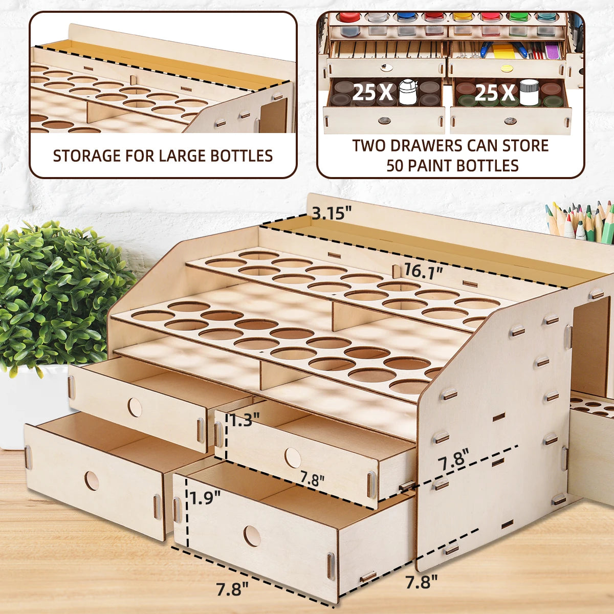 Wood Paint Rack With Marker Pen Storage Pull Out Organizer