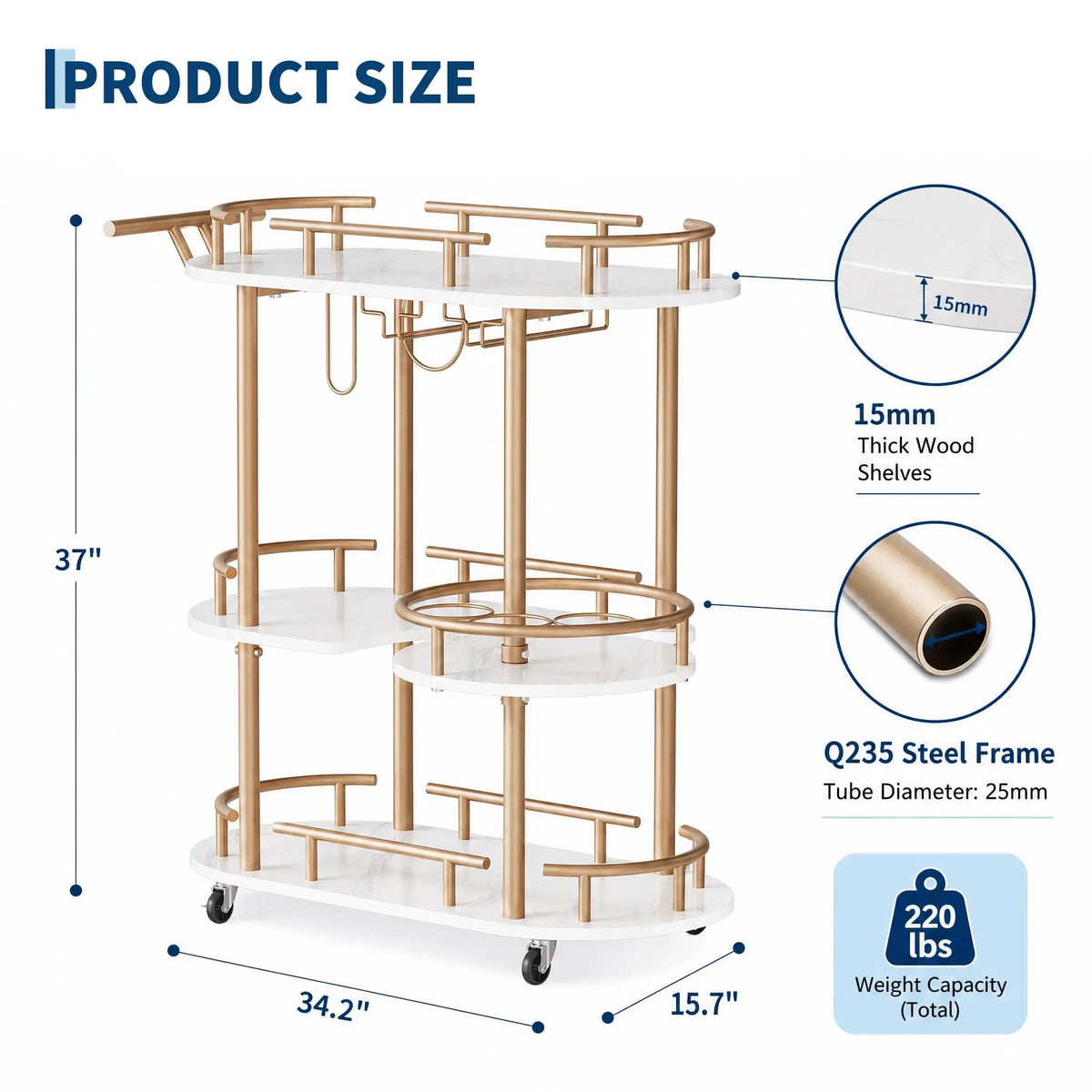 HiMISS Rolling Bar Cart With Wine Rack And Glass Holder