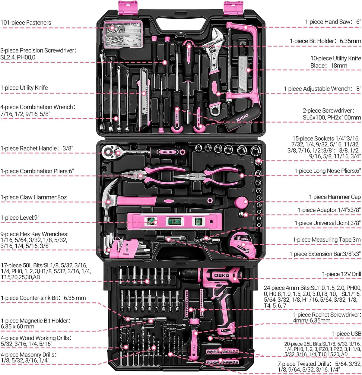 DEKO Home Mechanic Toolbox With 12V Cordless Drill Kit