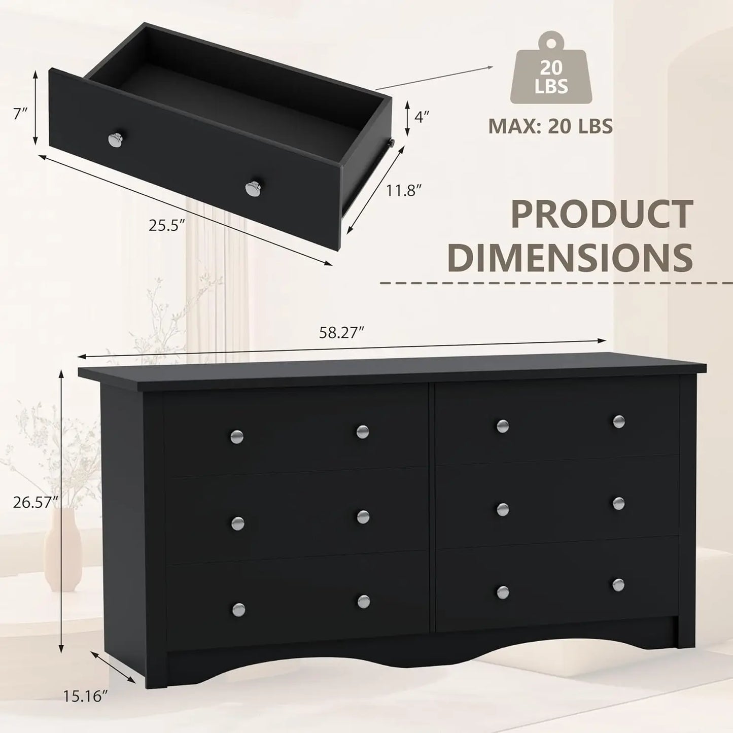 Six-Drawer Wood Dresser For Bedroom