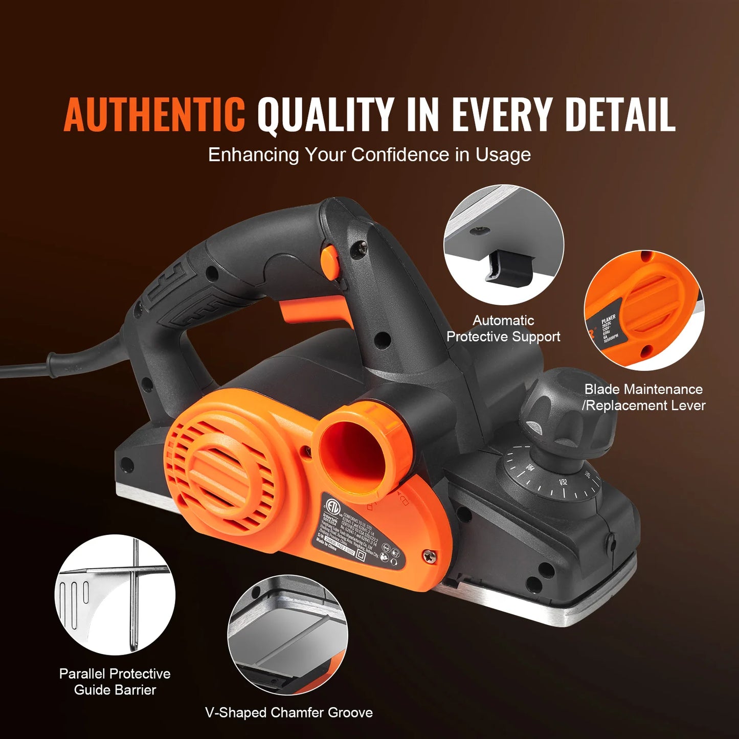 VEVOR Electric Hand Planer 16500 RPM Corded Woodworking Tool