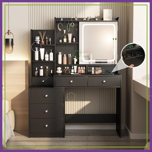 LED Lighted Makeup Vanity Desk With Charging Station And Three Color Lighting