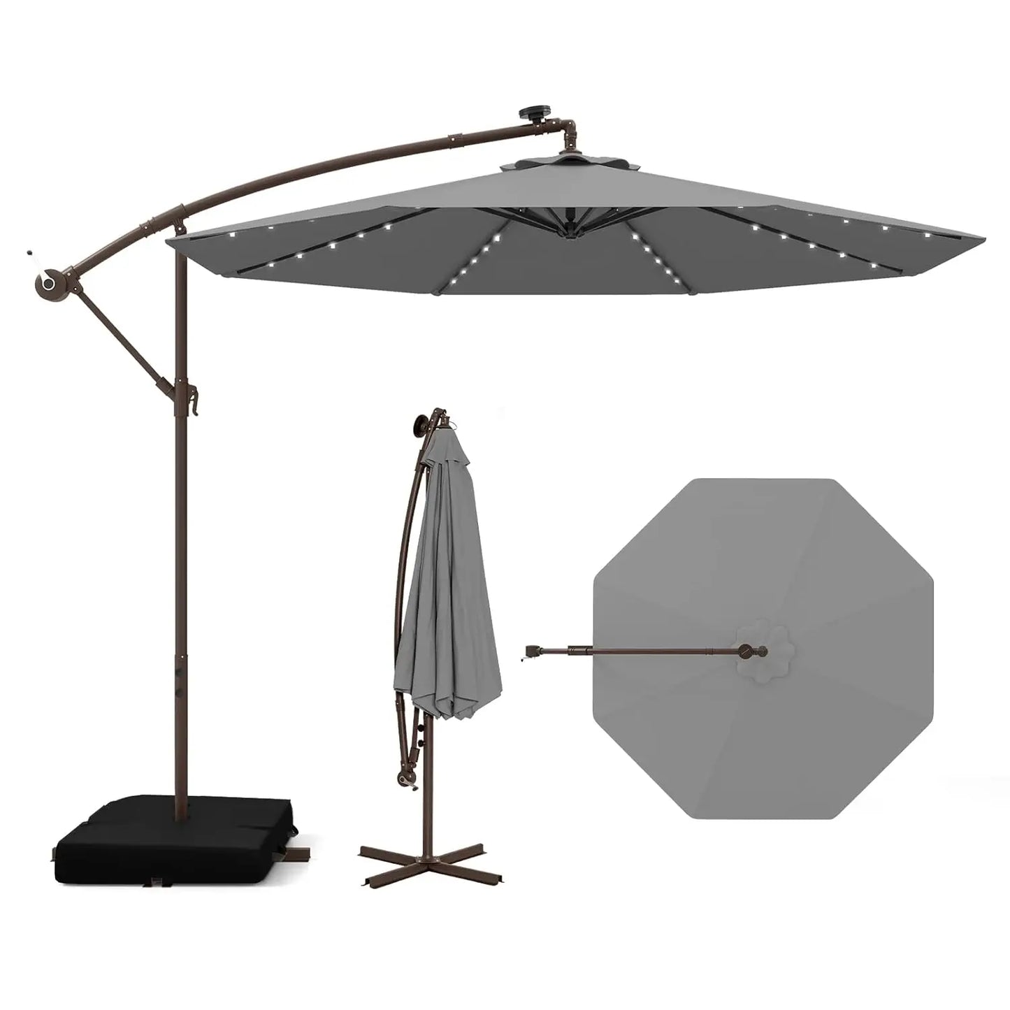 Offset Cantilever Patio Umbrella With Base And Solar LED Lights