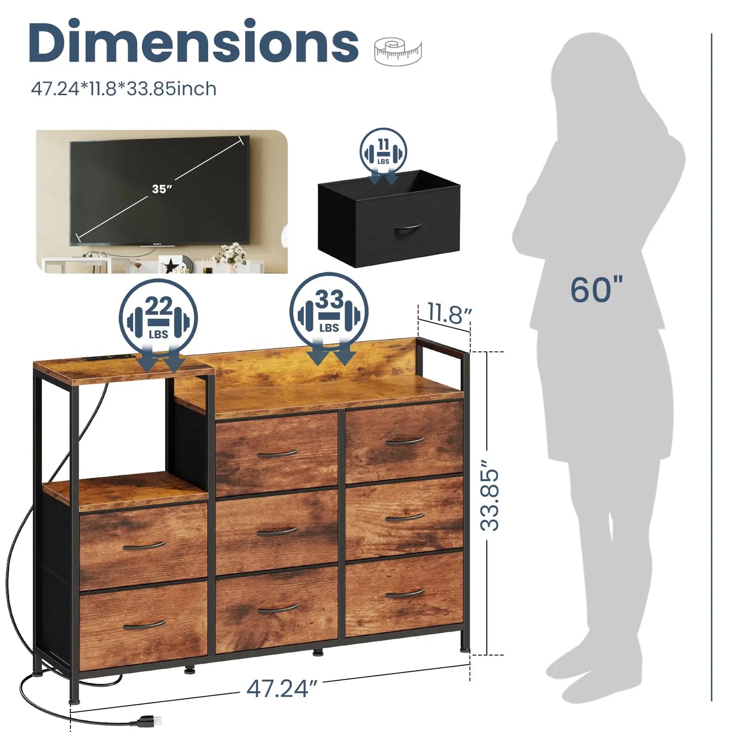 JHK TV Stand Cabinet With Eight Fabric Drawers And Charging