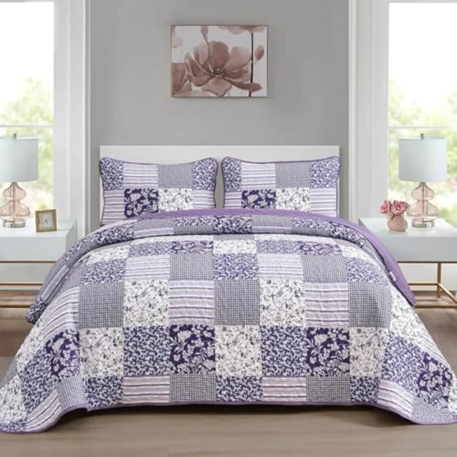 Boho Quilt Set Patchwork Reversible Microfiber Bedding