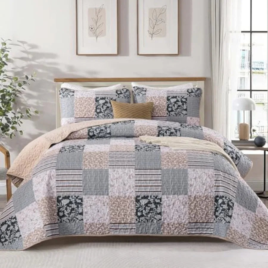 Boho Quilt Set Patchwork Reversible Microfiber Bedding