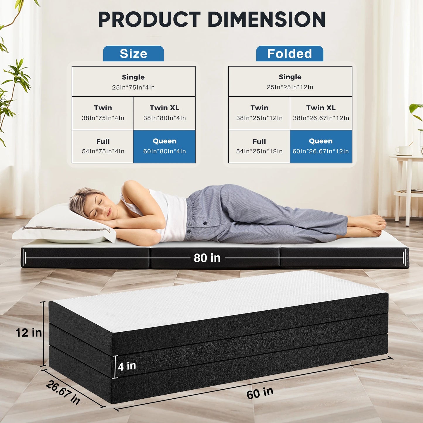 MCQ Foldable Tri-fold Mattress With CertiPUR-US Certified Comfort Washable Cover