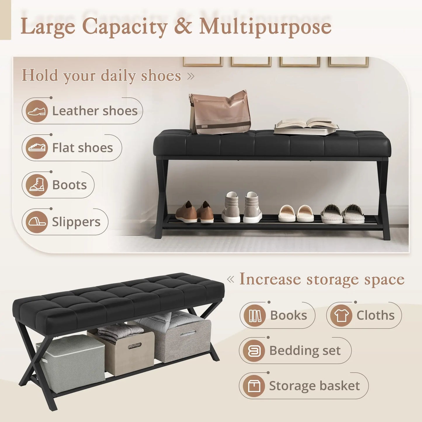 Tufted Upholstered Shoe Bench With Storage Shelf And Metal Legs