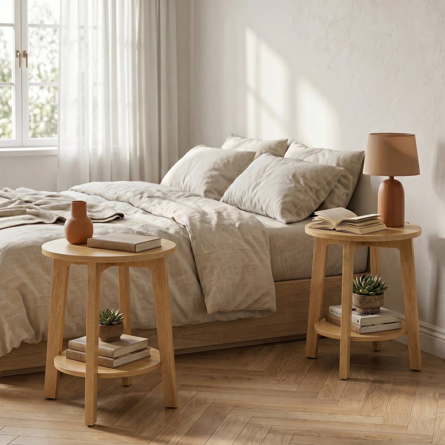 JHK Wood Round Side Tables Two Tier With Storage Shelf