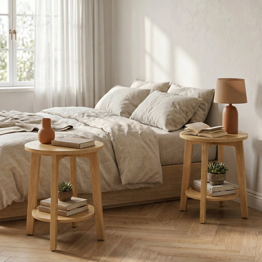 JHK Wood Round Side Tables Two Tier With Storage Shelf