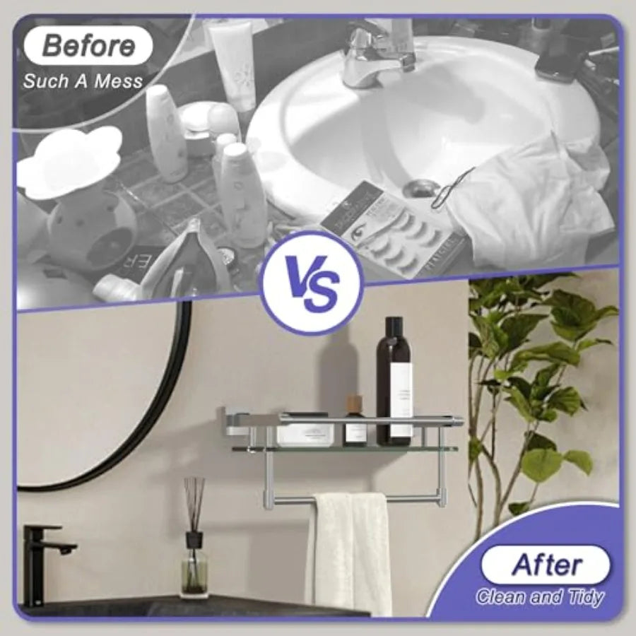 Bathroom Glass Shelf With Towel Bar And Stainless Steel Holder