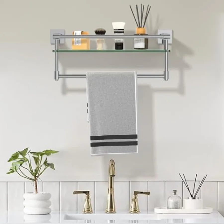 Bathroom Glass Shelf With Towel Bar And Stainless Steel Holder