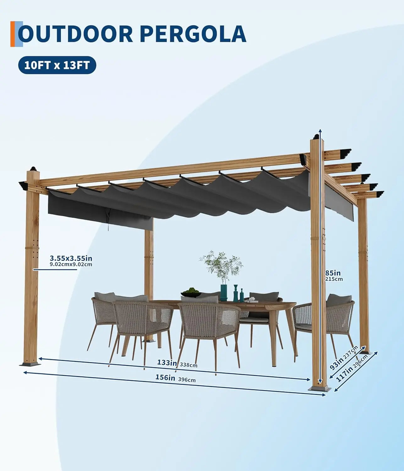 HiMISS Wood Grain Aluminum Pergola With Retractable Canopy UV Protection