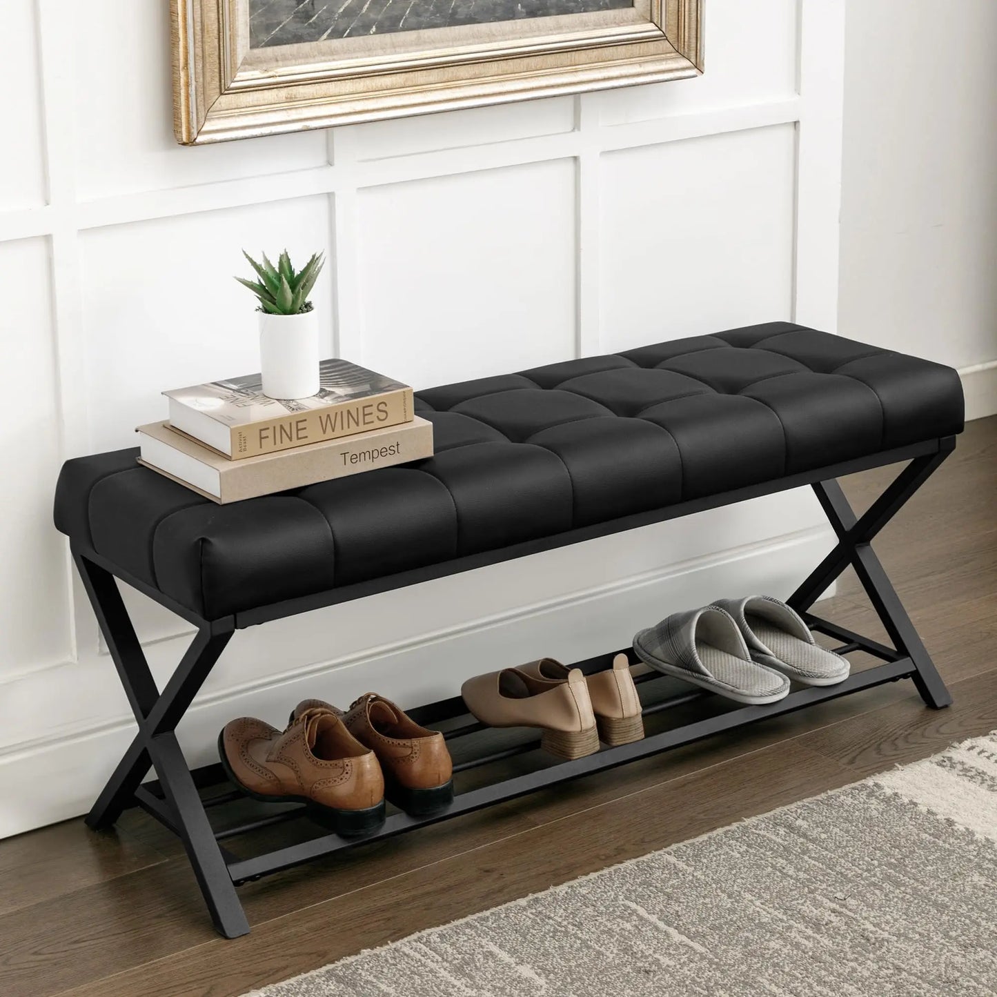 Tufted Upholstered Shoe Bench With Storage Shelf And Metal Legs