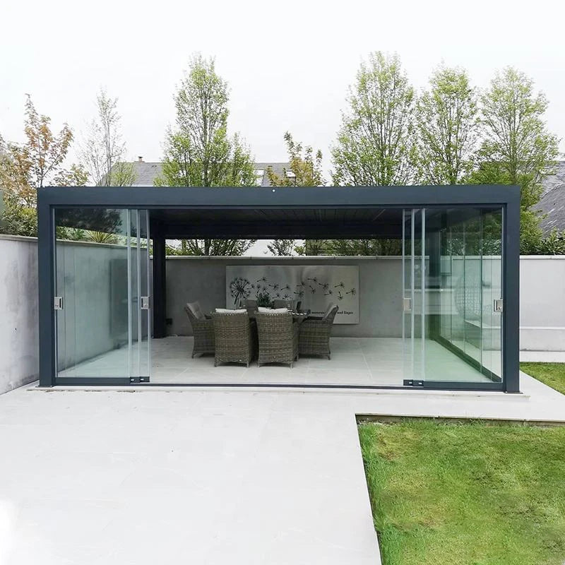 Motorized Aluminum Pergola With Sliding Glass Doors And LED Lights