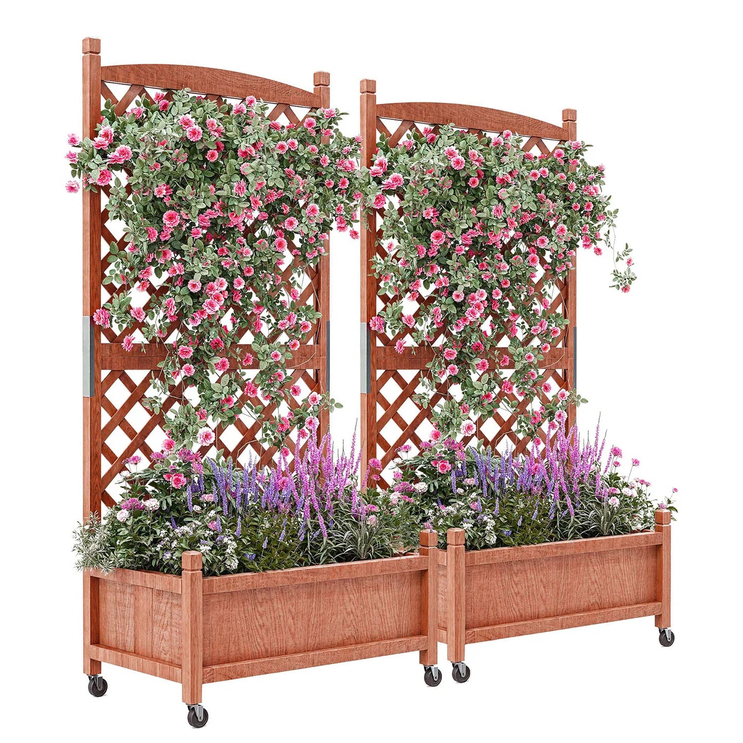 TWISTER.CK Wood Raised Planter Box With Trellis And Wheels