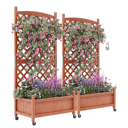 TWISTER.CK Wood Raised Planter Box With Trellis And Wheels