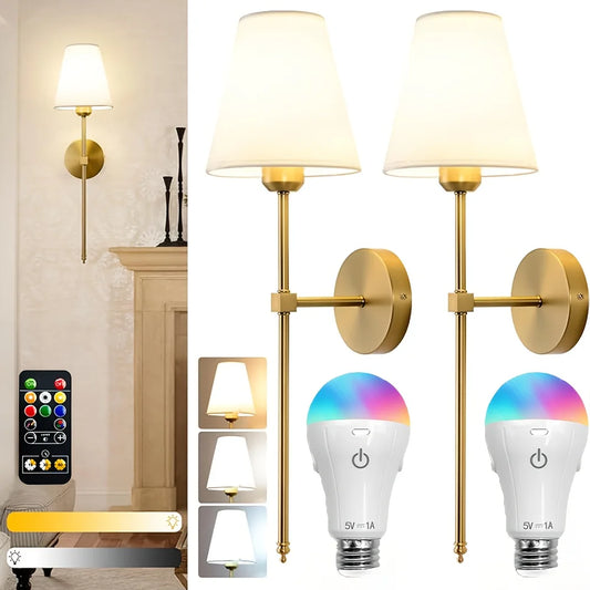 Battery Operated Wall Sconce Set of 2 With Dimmable Bulbs and Remote