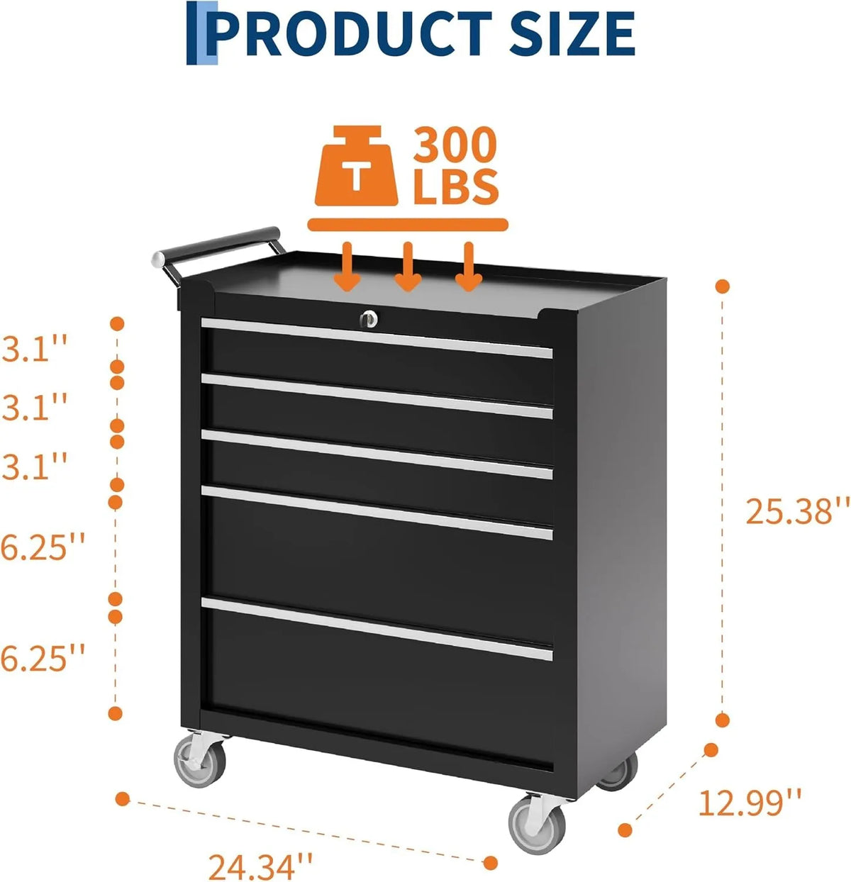 Five Drawer Rolling Tool Chest With Lock And Mobile Storage