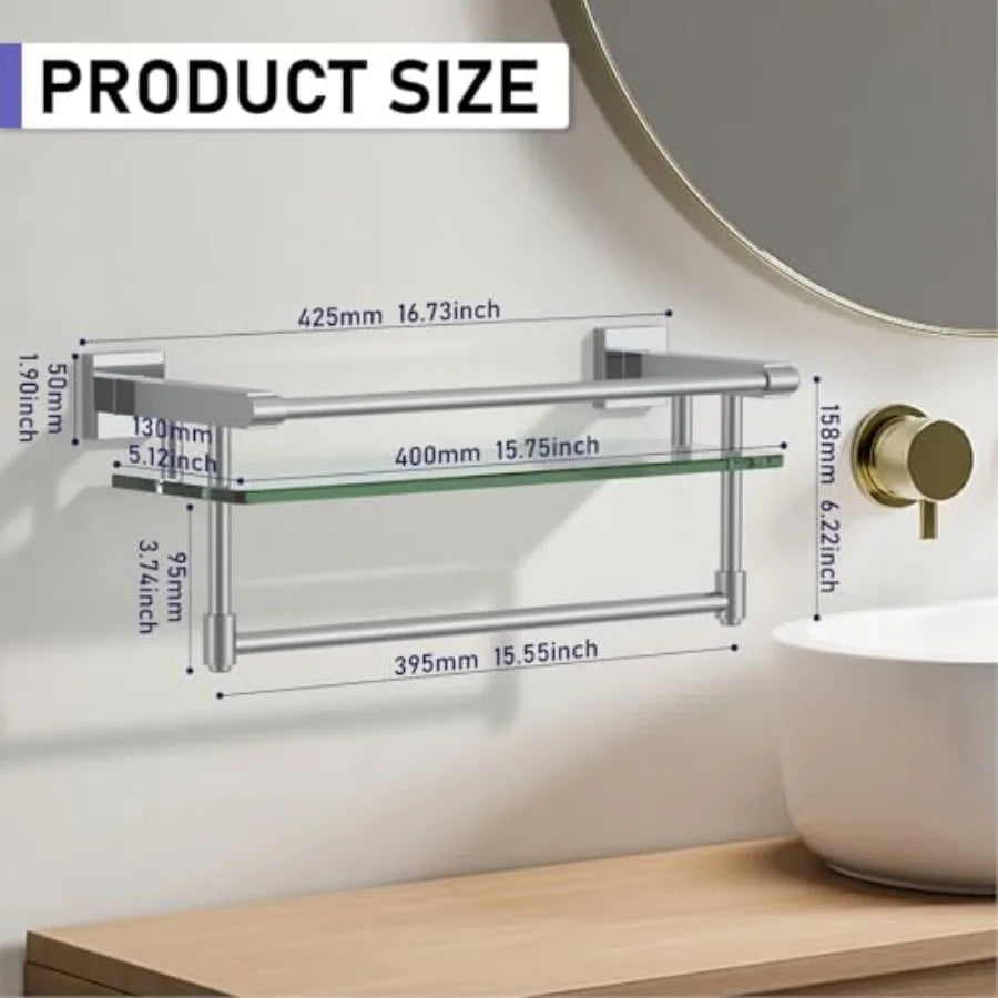 Bathroom Glass Shelf With Towel Bar And Stainless Steel Holder