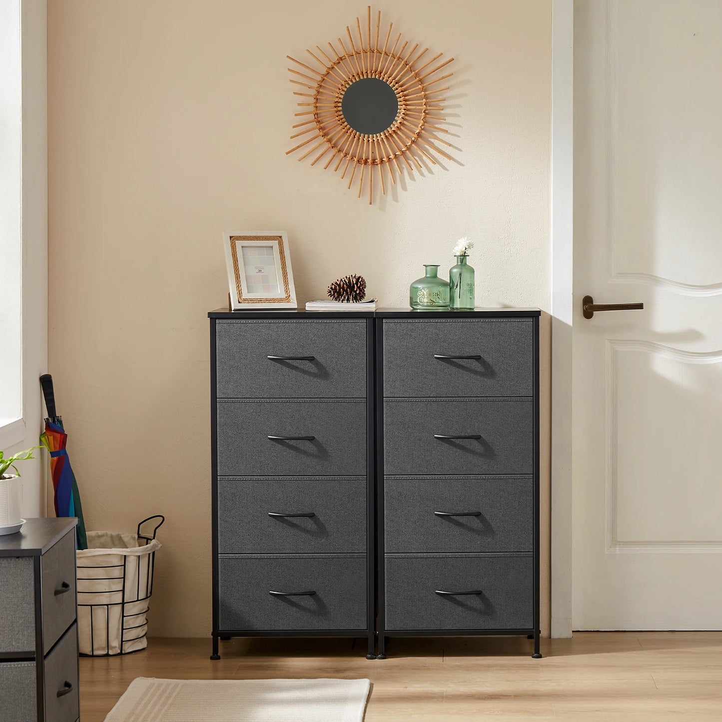 JHK Dresser With Fabric Drawers And Wardrobe Steel Frame
