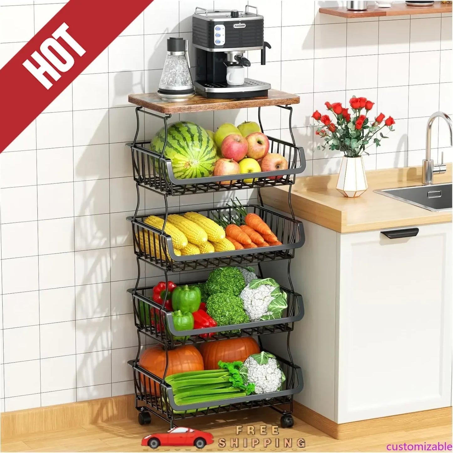Five-Tier Stackable Fruit and Vegetable Storage Baskets With Wheels