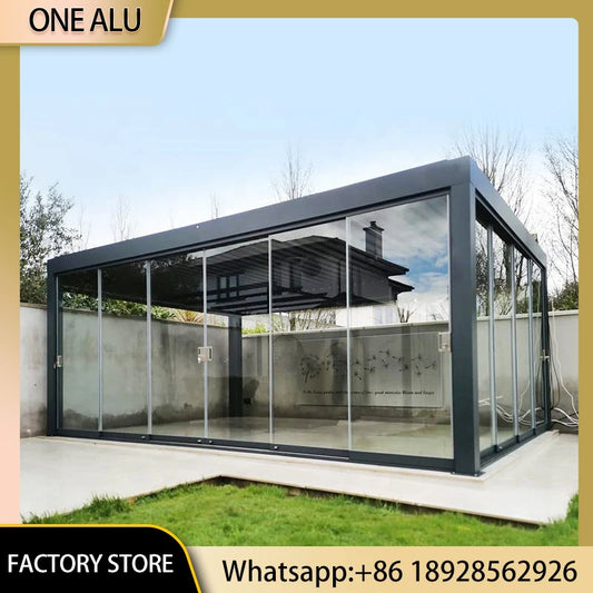 Motorized Aluminum Pergola With Sliding Glass Doors And LED Lights