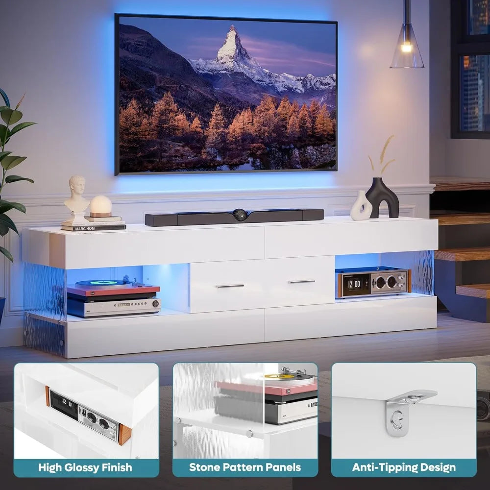 High Gloss Modern TV Stand With Stone Patterned Side Panels