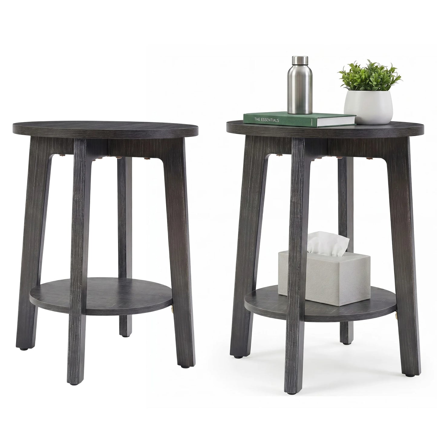 JHK Wood Round Side Tables Two Tier With Storage Shelf