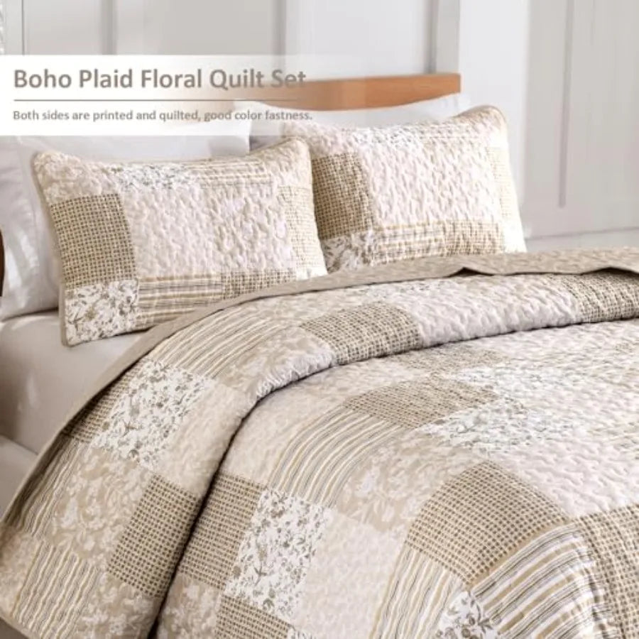 Boho Quilt Set Patchwork Reversible Microfiber Bedding