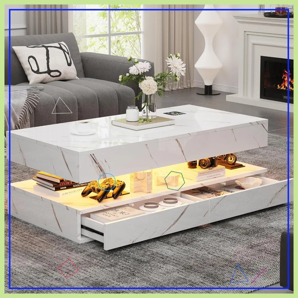 Smart LED Coffee Table With Wireless Charging Bluetooth Speaker Drawers