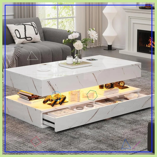 Smart LED Coffee Table With Wireless Charging Bluetooth Speaker Drawers