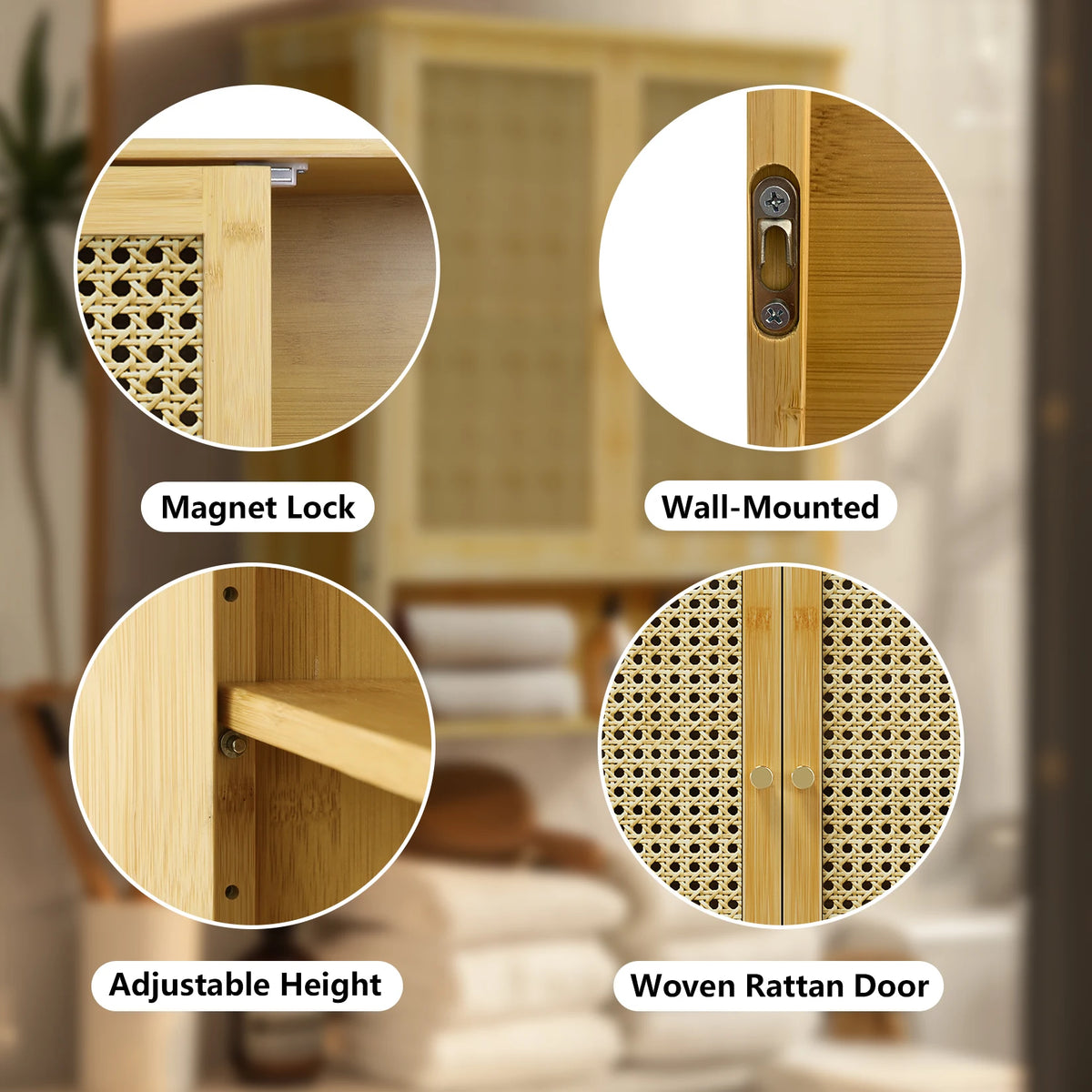 Wisfor Wall Mounted Bamboo Storage Cabinet With Two Rattan Doors