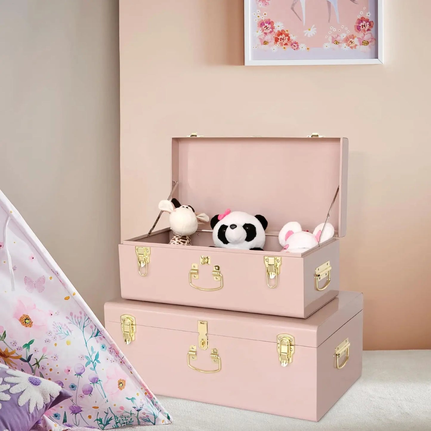 XMSJ Decorative Metal Box Storage Trunks Set Of 2 Dorm Chests With Handle