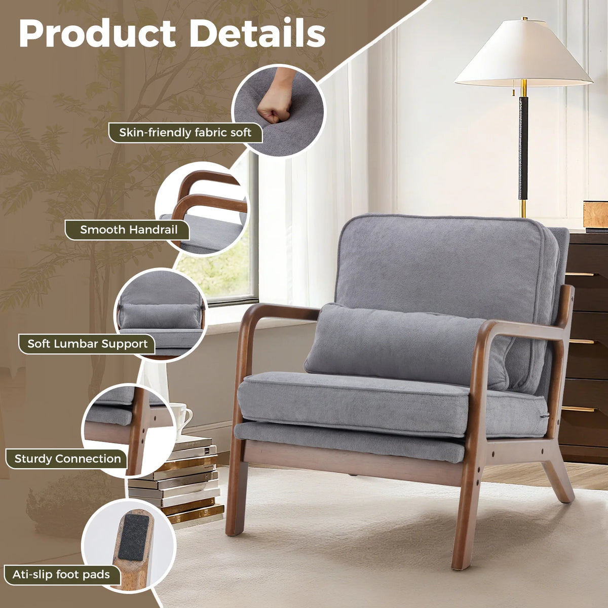 JHK Modern Mid Century Accent Chair With Arms And Cushion