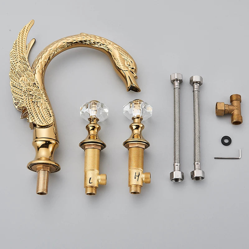 Saeuwtowy Golden Swan Bathroom Faucet With Dual Crystal Handles