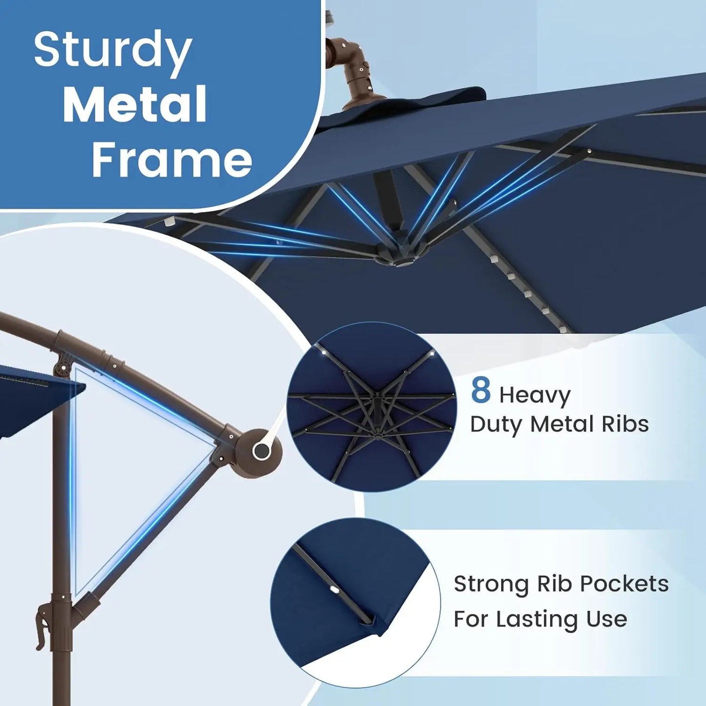 Offset Cantilever Patio Umbrella With Base And Solar LED Lights