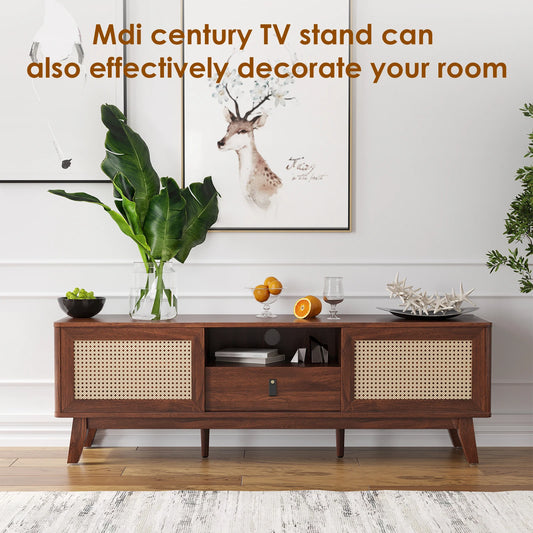 FARINI Mid Century Rattan TV Stand With Drawer And Cabinets