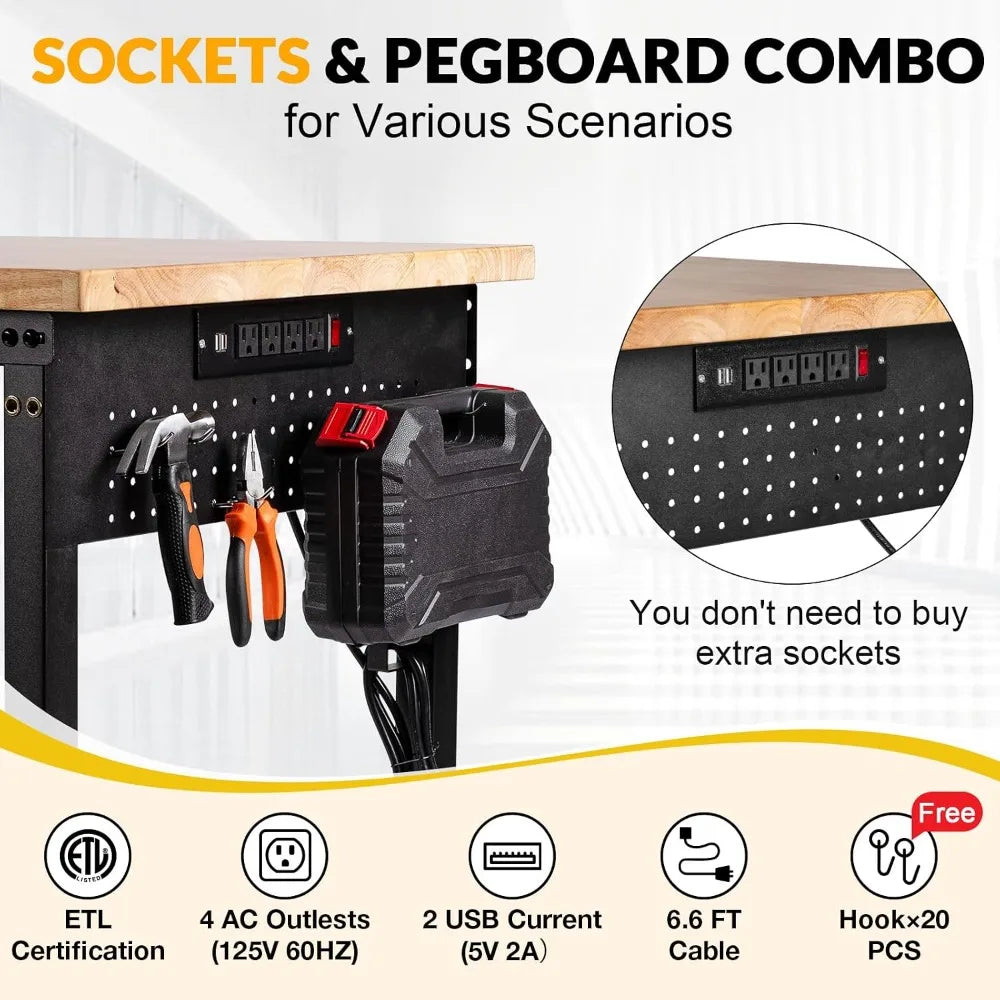 Heavy Duty Adjustable Workbench With Drawers, Power Outlet And Pegboard