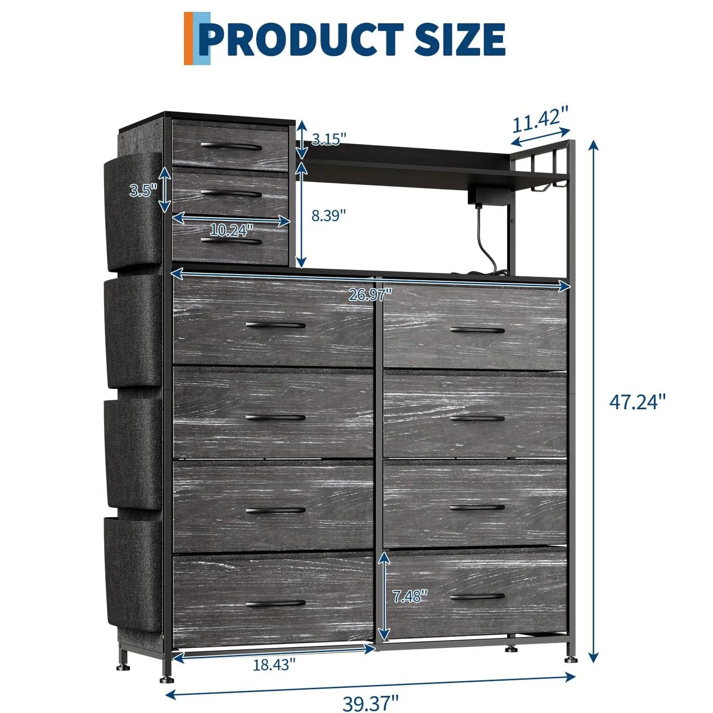 Storage Dresser With Fabric Drawers And LED Charging Station