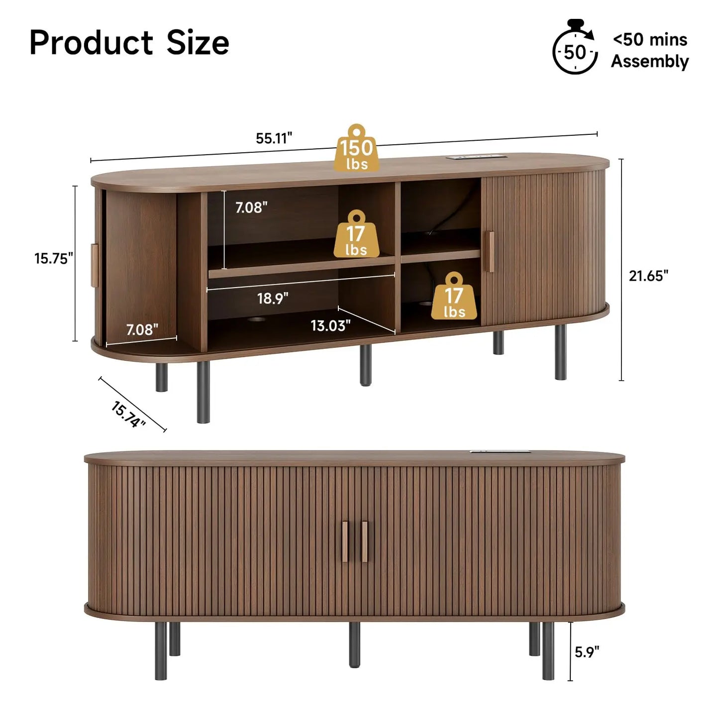 ONBRILL TV Stand With Power Outlet Sliding Doors Storage