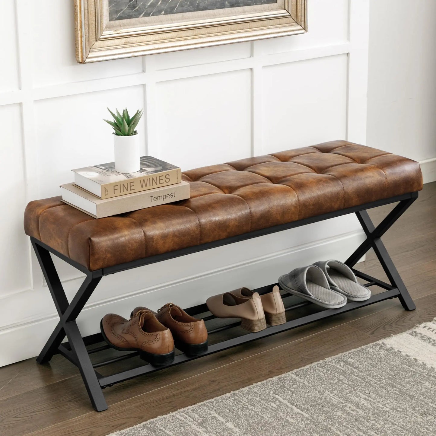 Tufted Upholstered Shoe Bench With Storage Shelf And Metal Legs