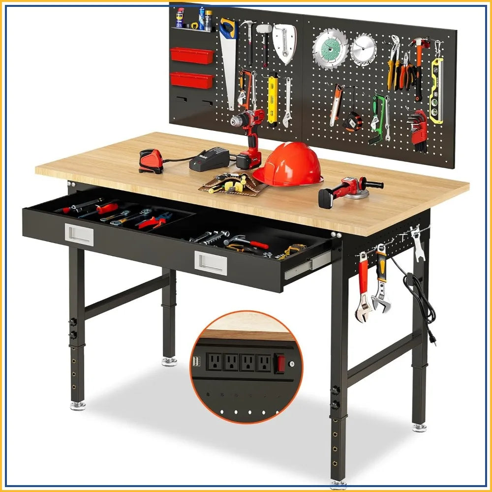 Heavy Duty Adjustable Workbench With Drawers, Power Outlet And Pegboard